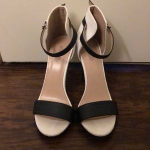4” black and white ankle strap heels
